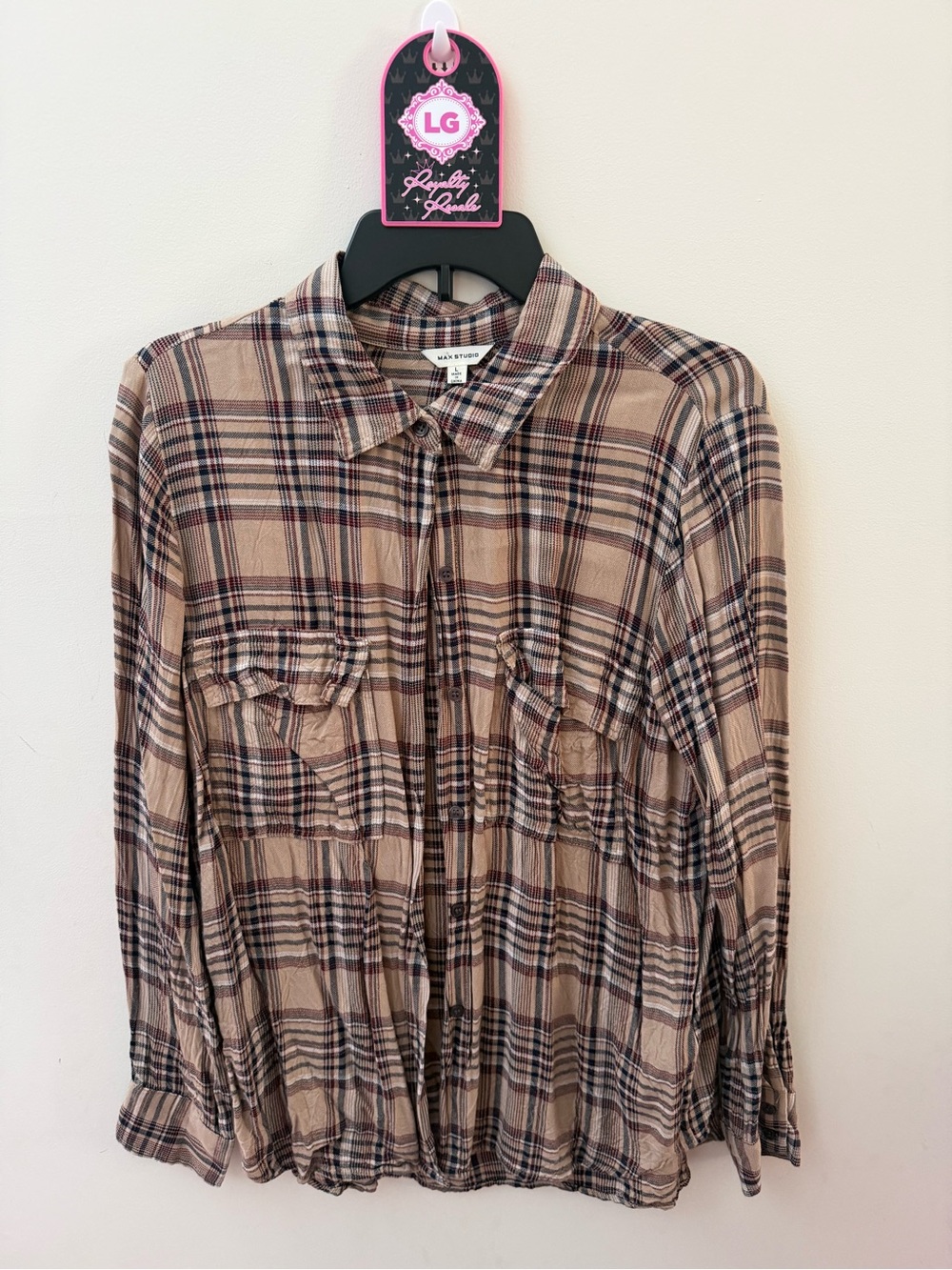 Max Studio Beige and Black Plaid Button-Down Shirt